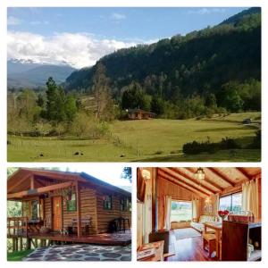 two pictures of a cabin with a view of a mountain at Murmullo de Arroyos in Caburgua