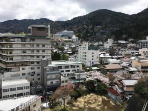 uma cidade com edifícios e montanhas ao fundo em Arima Gyoen em Kobe