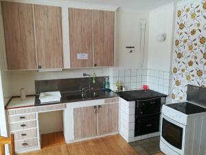 cocina con armarios de madera, fregadero y fogones en Villa Rudolph, en Lunde