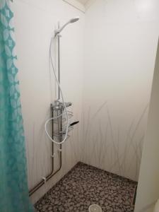 La salle de bains est pourvue d'une douche avec rideau de douche. dans l'établissement Villa Rudolph, à Lunde