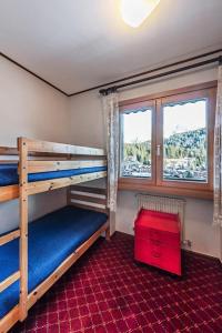 Zimmer mit 2 Etagenbetten und einer roten Schublade in der Unterkunft Pradalago in Madonna di Campiglio