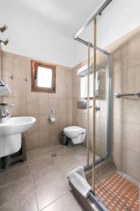 a bathroom with a shower and a toilet and a sink at Cavo Grosso Bungalows in Mavrovoúnion