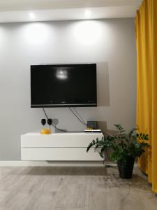 a living room with a flat screen tv on a wall at Luksusowy apartament z widokiem na jezioro in Giżycko