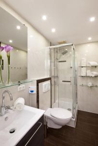 a bathroom with a shower and a toilet and a sink at City Apart Hotel Füssen in Füssen