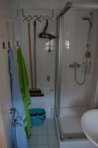 a bathroom with a shower and a toilet and a sink at Ferienhaus Schuster in Elend
