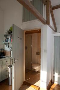 La salle de bains est pourvue de toilettes et d'un lavabo. dans l'établissement Charming old stables studio cottage, à Clonakilty