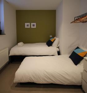 two beds in a room with green walls at Vakantiewoning De Konijnenweg in De Panne