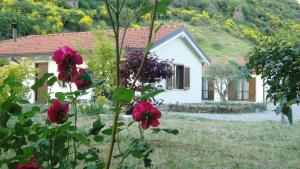 una casa blanca con flores rojas delante en Taverna Centomani, en Potenza