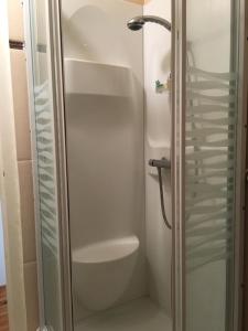 a shower with a glass door in a bathroom at Maison la Quentinière in Saint-Calais-du-Désert