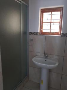 a bathroom with a sink and a glass shower at Fama Lodge Single Rooms in Cape Town