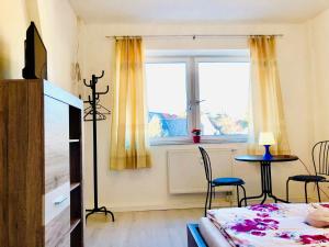 una camera con un letto, un tavolo e una finestra di #WORLD Monteurzimmer a Schkeuditz