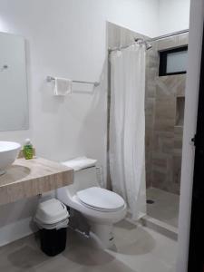 a white bathroom with a toilet and a shower at Estudio en Cancún centro in Cancún