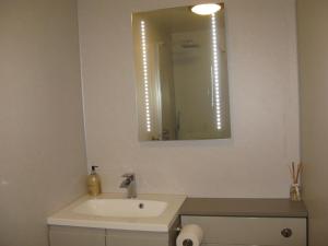 a bathroom with a white sink and a mirror at Seabreeze Apartment in Keiss
