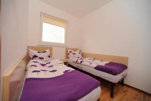 two beds in a room with purple sheets and a window at Villa Arcadia in Sarbinowo
