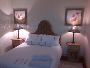 a bedroom with a white bed with two lamps at LAVENDERS COTTAGE in Prince Albert