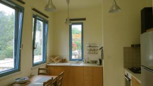 cocina con mesa y 2 ventanas en ARTSEA Studio Apartment with sea view, en Ein Hod