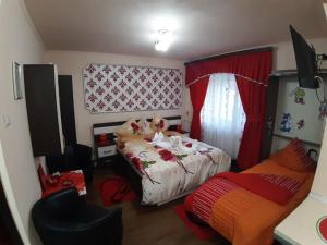 1 dormitorio pequeño con 1 cama y 1 sofá en Garsoniera Lorelai, en Băile Felix