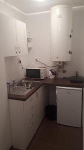 a small kitchen with a sink and a microwave at Apartmán - súkromie v meste (1) in Bratislava +6 photos