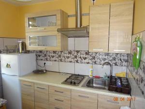 a kitchen with a white refrigerator and a sink at Noclegi " Przy Świerku" in Chęciny
