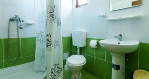 a green and white bathroom with a toilet and sink at Hostel Sea Star in Vama Veche