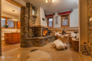 扎科帕內的住宿－Chałpa u Zbójnika，客厅设有石制壁炉和2只毛毛 ⁇ 动物