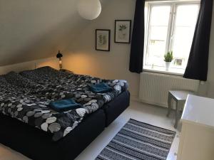 a bedroom with a bed with blue pillows on it at Villa Thurø Homestay in Svendborg