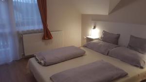 a bedroom with two beds and a window at Szalóky Apartmanház in Gyenesdiás