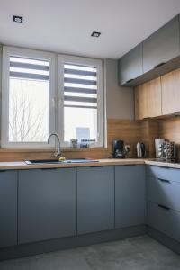 a kitchen with white cabinets and two windows at Gray in Bielsko-Biała