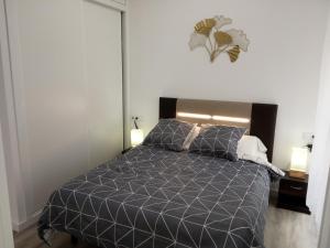 a bedroom with a bed with a gray comforter and two pillows at Alicante Center Apart in Alicante