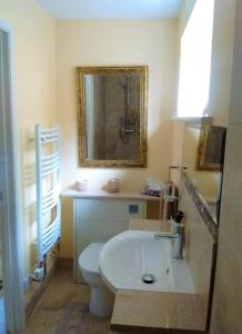 een badkamer met een toilet, een wastafel en een spiegel bij Sunny Patch in Stroud