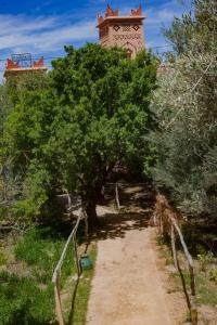 a tree in front of a building with a clock tower at Kasbah Ait Kassi in Boumalne