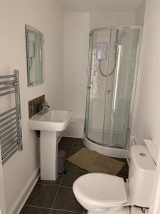 a bathroom with a shower and a toilet and a sink at GRANBY APARTMENTS F-6 in Leicester