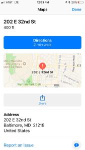 a screenshot of a cell phone with a map at comfort & charm in the johns hopkins uni in Baltimore