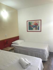 ein Hotelzimmer mit 2 Betten und einem Bild an der Wand in der Unterkunft QUINZE HOTEL & POUSADA in Bataguaçu