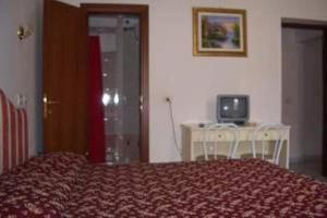 een slaapkamer met een bed en een tafel met een televisie bij Hotel Euro Quiris in Rome