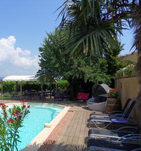 una piscina con sillas, mesas y una palmera en Le Jardin d'Ivana, en Oppède