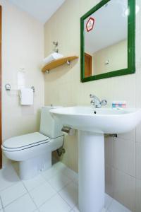 a bathroom with a sink and a toilet and a mirror at Hotel Costa Andaluza in Motril