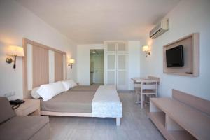 a bedroom with a bed and a tv and a couch at Apartamentos Es Caló in Es Calo