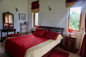 una camera da letto con un letto con lenzuola rosse e una finestra di Jungle Tide a Kandy
