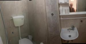a small bathroom with a toilet and a sink at Beatrice Hospitality in Neve Zohar