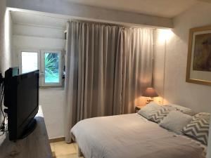 um quarto com uma cama e uma televisão de ecrã plano em Maison Parmentile em Bonifacio