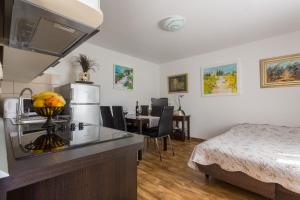 a kitchen with a counter top and a bed in a room at Apartments Tomas in Dubrovnik