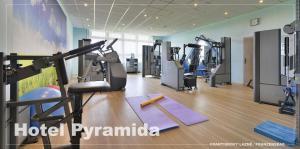 Lázeňský hotel Pyramida في فرانتيشكوفي لاذنه: صالة ألعاب رياضية مع آلة ركض وأجهزة ممارسة الرياضة