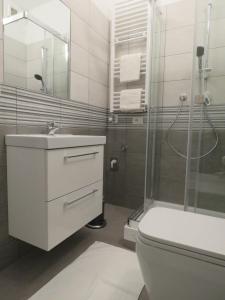 a bathroom with a toilet and a sink and a shower at Assago Forum Apartment in Assago