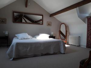 a bedroom with a bed with two pillows and a mirror at La Belvinière Chambres et table d'hôtes in Tour-en-Sologne