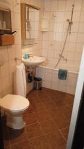 a bathroom with a toilet and a sink and a tub at Ferienanlage Vorauf - be happy in Siegsdorf