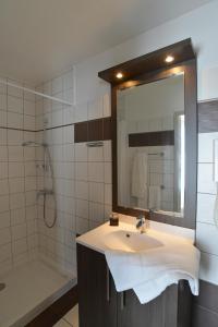 uma casa de banho com um lavatório, um chuveiro e um espelho. em HOTEL RESTAURANT LES STALAGMITES em Orgnac-lʼAven