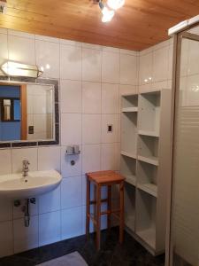 a bathroom with a sink and a mirror and a table at Piz Apart Raich in Arzl im Pitztal