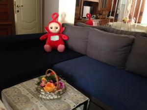 ein Teddybär und ein Obstkorb auf der Couch in der Unterkunft una stanza in un appartamento in Genua