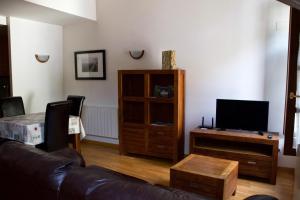 a living room with a couch and a television at Cau d Aneu Duplex cerca de Bonaigua Baqueira y Aigüestortes in Esterri d'Àneu +25 photos